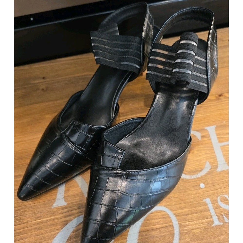 Women's Black Crocodile Pattern Slingback Heels with Elastic Straps, Pointed